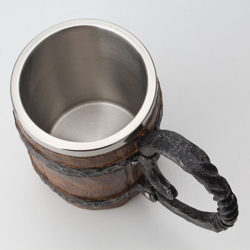 Wooden barrel Stainless Steel Resin 3D Beer Mug Goblet, Coffee Cup, Mug 600ml